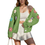 Women's Floral Knit Button Front Cardigan with Relaxed Cropped Layering Silhouette