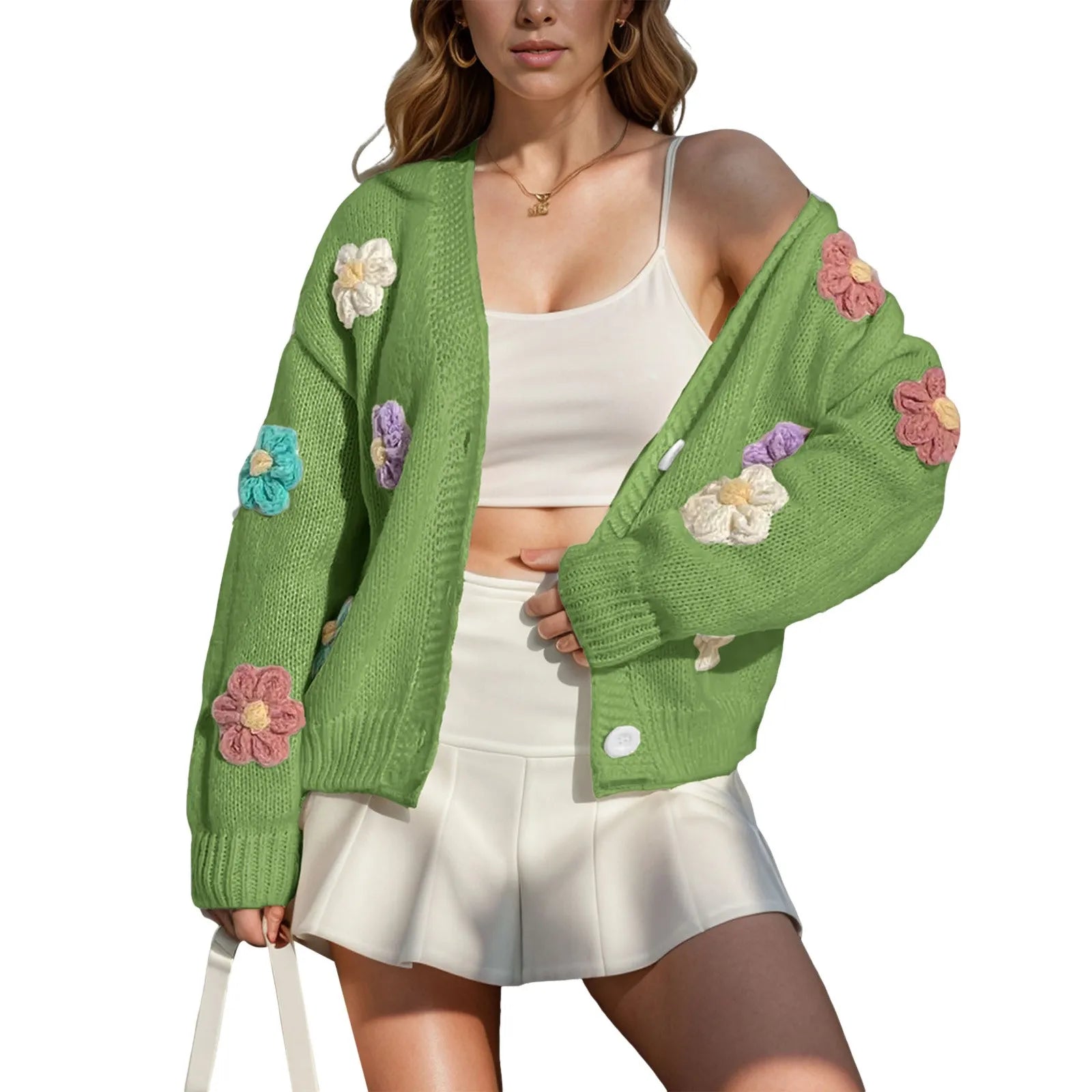 Women's Floral Knit Button Front Cardigan with Relaxed Cropped Layering Silhouette