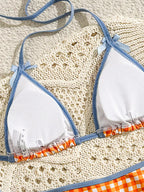 Orange Gingham Triangle String Bikini with Light Blue Contrast Trim
