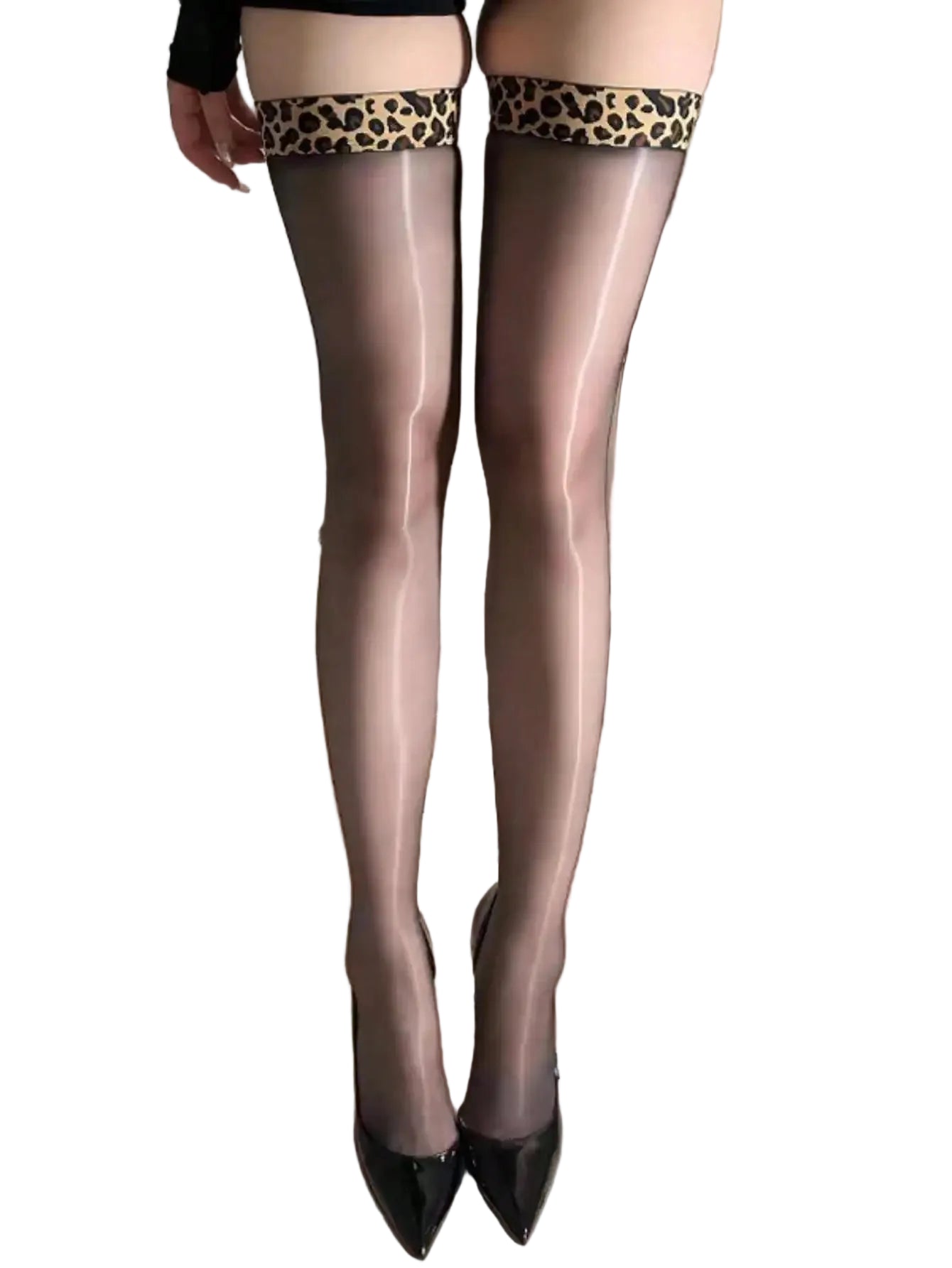 Glossy Sheer Thigh High Stockings with Patterned Top Band for Modern Fashion Styling