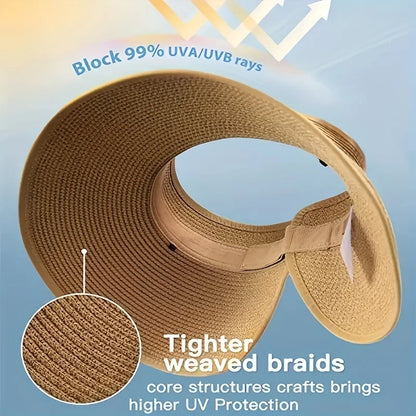Foldable Wide Brim Straw Visor Hat with Open Top Design for Beach and Summer Travel