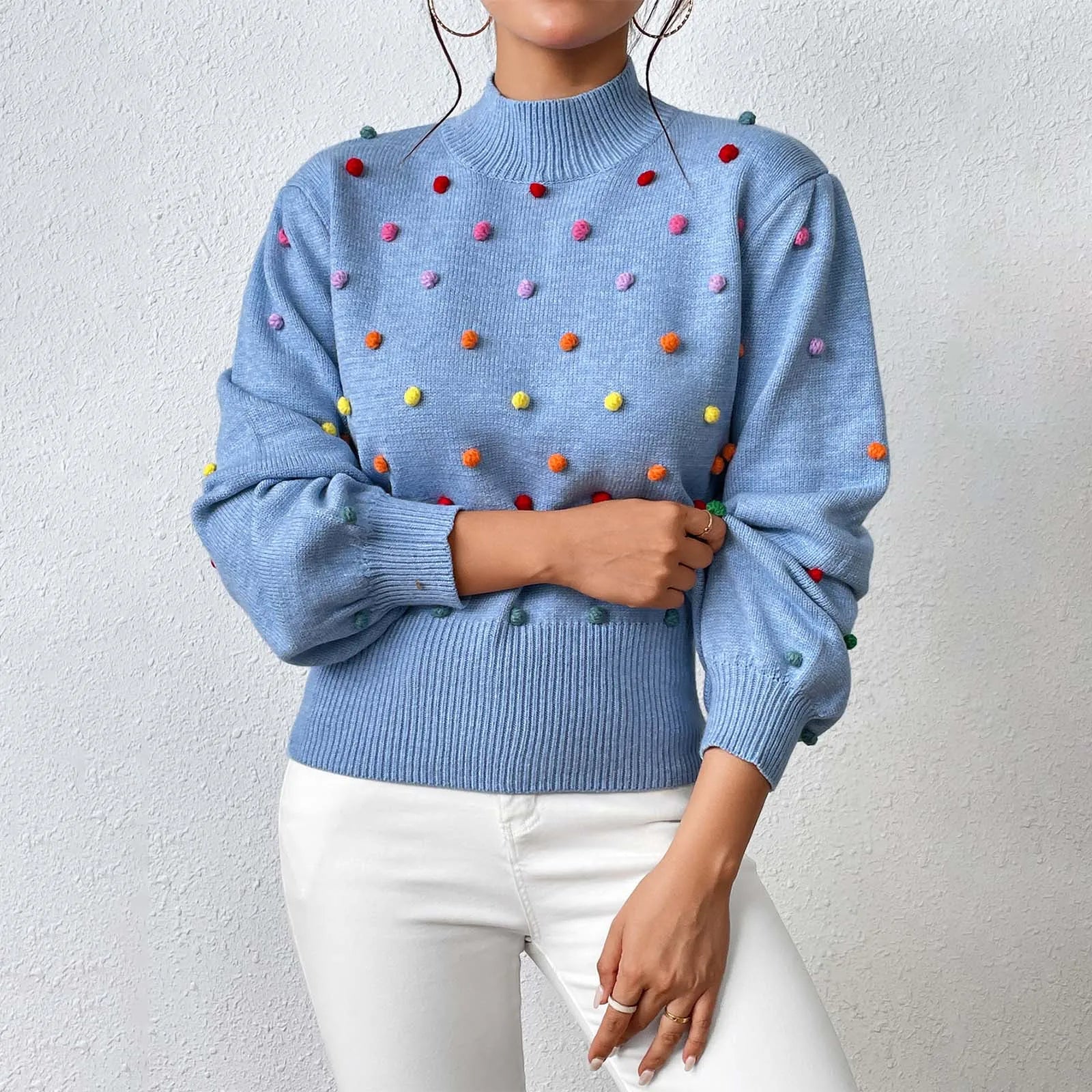 Women's Polka Dot Textured Knit Relaxed Fit Contemporary Sweater Pullover