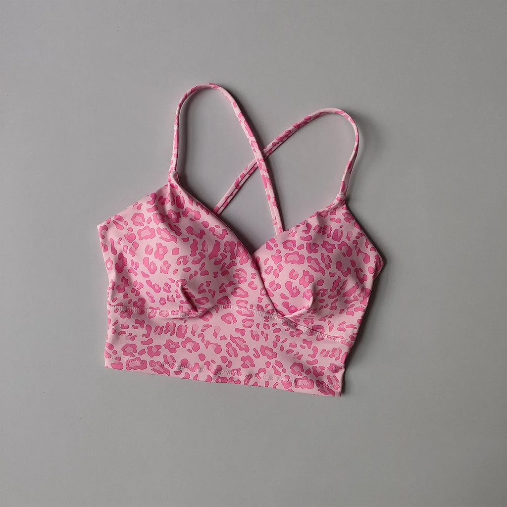 Playful Cherry Print Longline Sports Bra with Strappy Criss-Cross Back