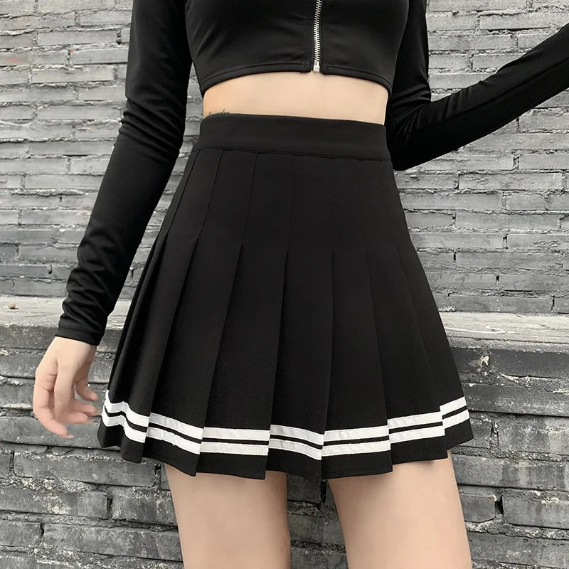 High Waist Pleated Mini Skirt Contrast Trim Alternative Fashion Bottom
