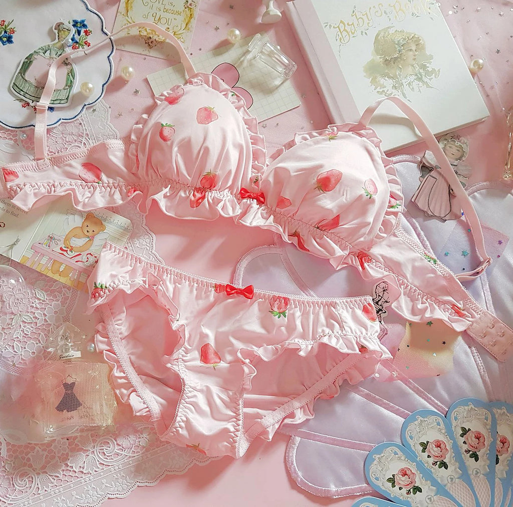 Whimsical Strawberry Print Ruffled Underwire Bra and Panty Set