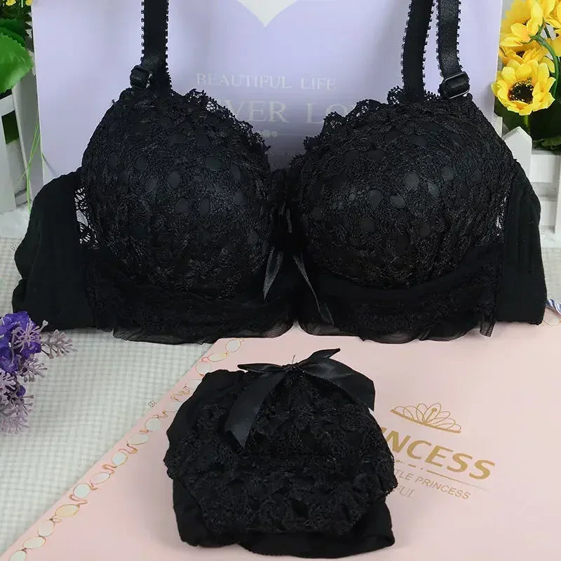 Pastel Floral Lace Contoured Push-Up Bra and Ruffled Cheeky Panty Set with Satin Bow Accents