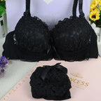 Pastel Floral Lace Contoured Push-Up Bra and Ruffled Cheeky Panty Set with Satin Bow Accents
