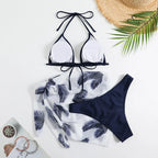Emerald Green Three-Piece Bikini Set with Halter Triangle Top, Matching Bikini Bottom and Printed Beach Wrap
