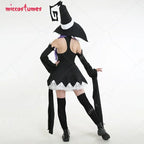 Women's Layered Hooded Dress Costume Set with Oversleeves and Statement Accessory Details