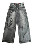 Men's Vintage Washed Wide Leg Denim Jeans with Graphic Artwork and Relaxed Streetwear Fit