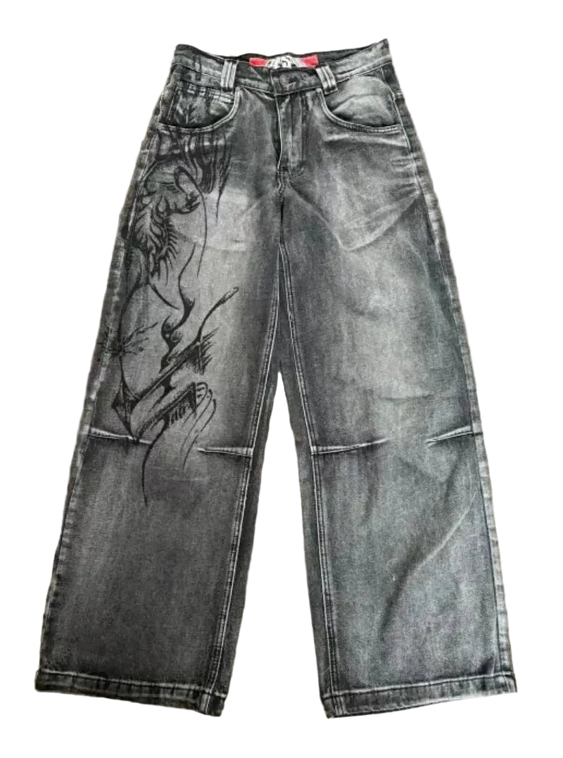 Men's Vintage Washed Wide Leg Denim Jeans with Graphic Artwork and Relaxed Streetwear Fit