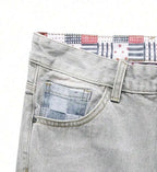 Men's Loose Fit Patchwork Denim Shorts with Distressed Details and Casual Streetwear Style