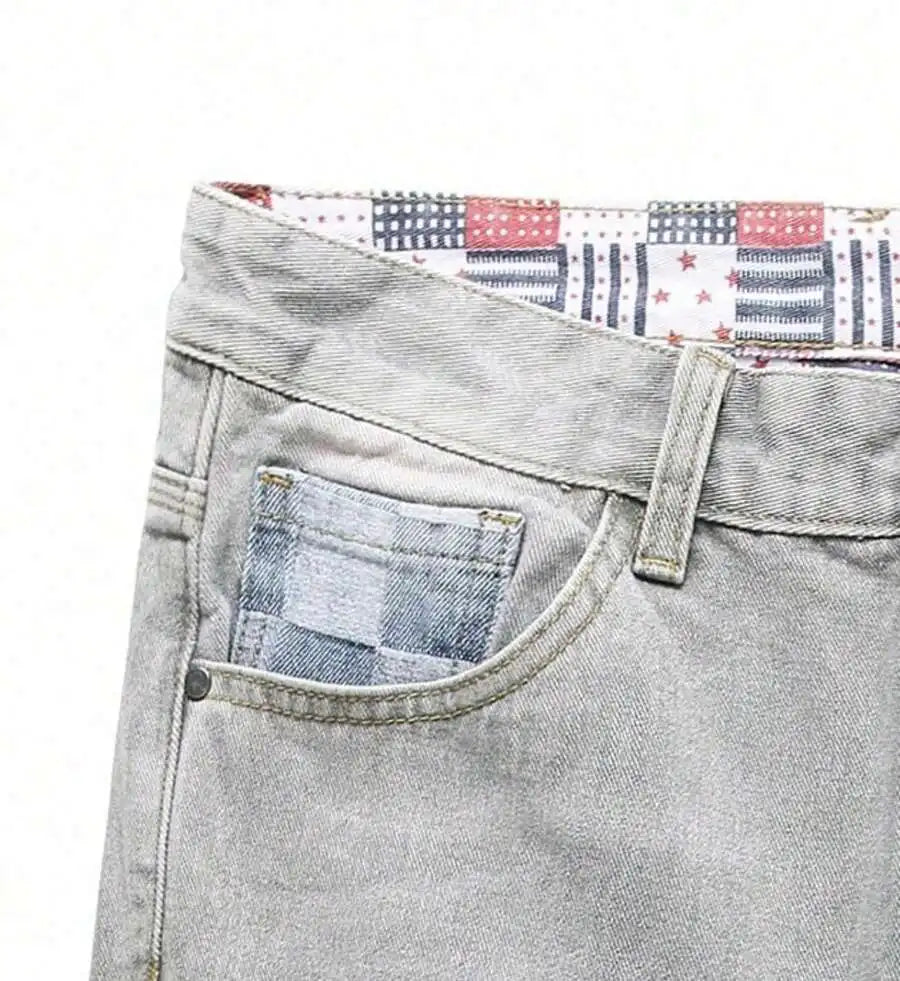 Men's Loose Fit Patchwork Denim Shorts with Distressed Details and Casual Streetwear Style