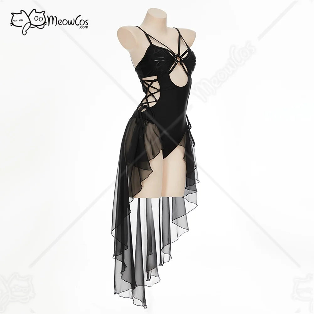 Women's Cutout One Piece Swimsuit with Lace-Up Details and Sheer Panel Overlay Design