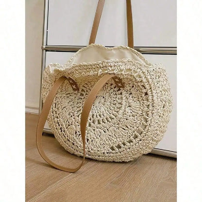 Handwoven Hollow Straw Round Tote Bag with Open Design Summer Carryall