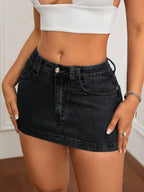 Washed Denim Bodycon Mini Skirt with Front Pockets and Slim Fit