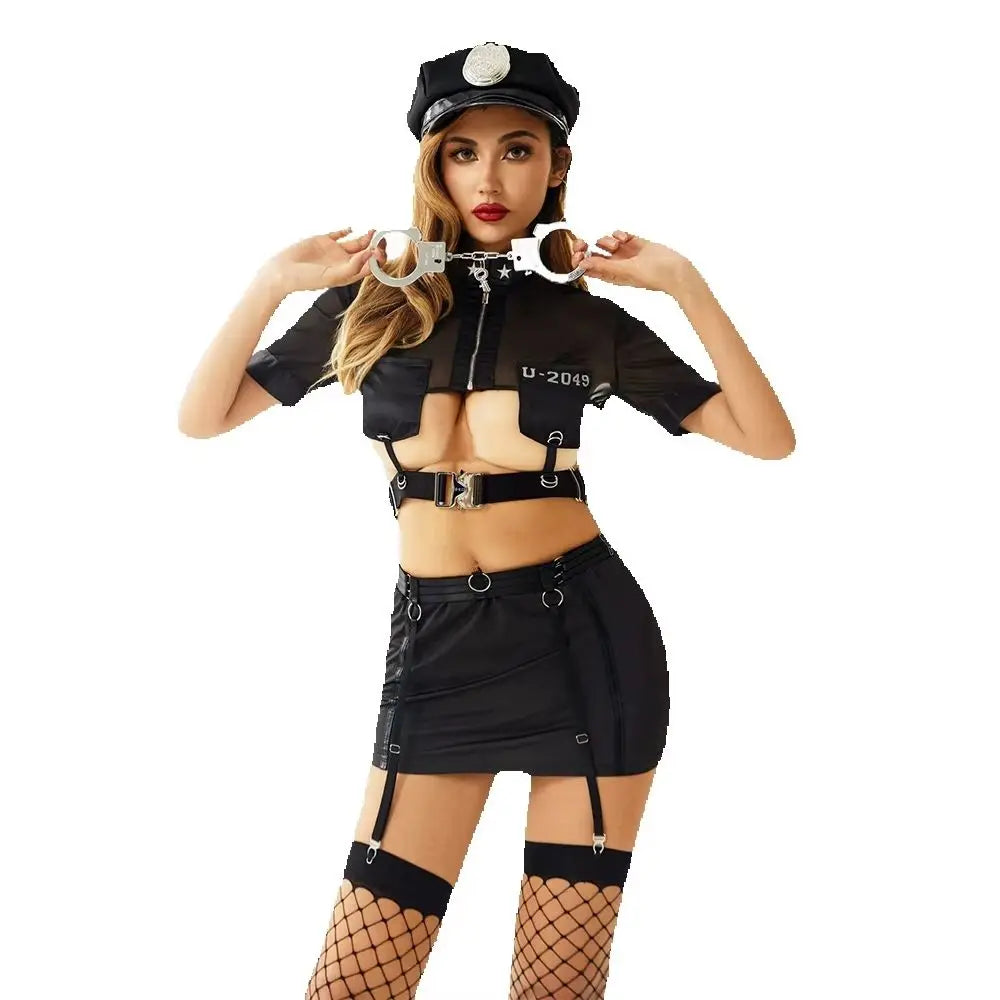Daring Sheer Mesh Police Roleplay Set with Harness Accents and Garter Skirt