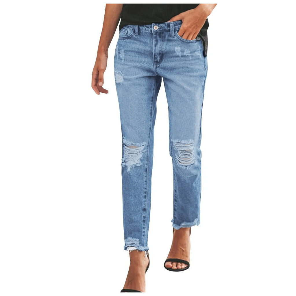 Women's Distressed Slim Straight Denim Jeans with Frayed Knee Details and Casual Streetwear Style