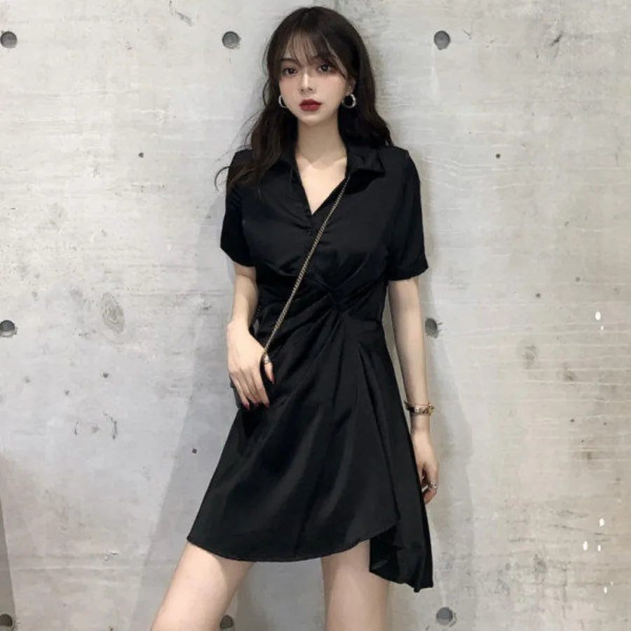 Minimal Gothic Wrap Dress with Japanese Streetwear Aesthetic