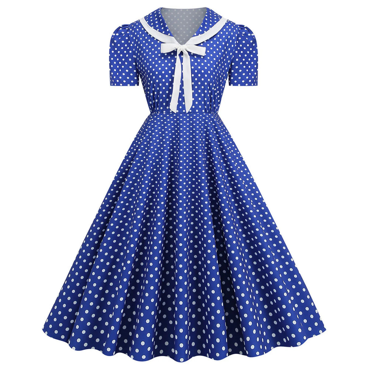 Retro Red and White Polka Dot Swing Dress with Bow Collar
