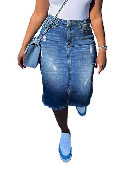 Distressed Denim Midi Skirt with Frayed Hem and Faded Wash Finish