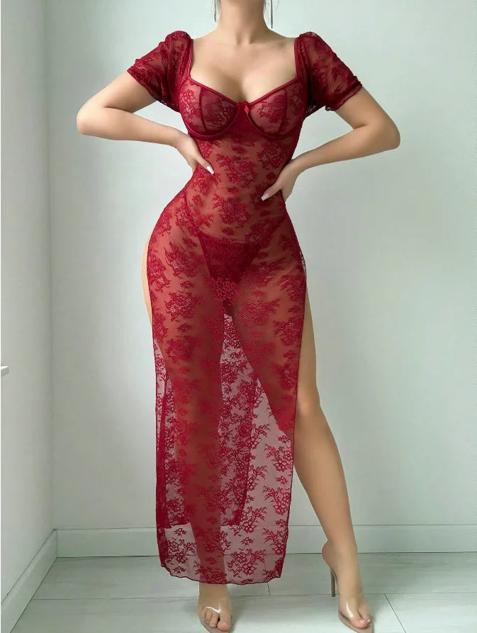 Romantic Sheer Floral Lace Maxi Dress with Dramatic Side Slits