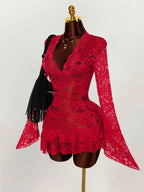 Sheer Lace Mini Dress with V-Neckline and Flared Sleeve Party Style