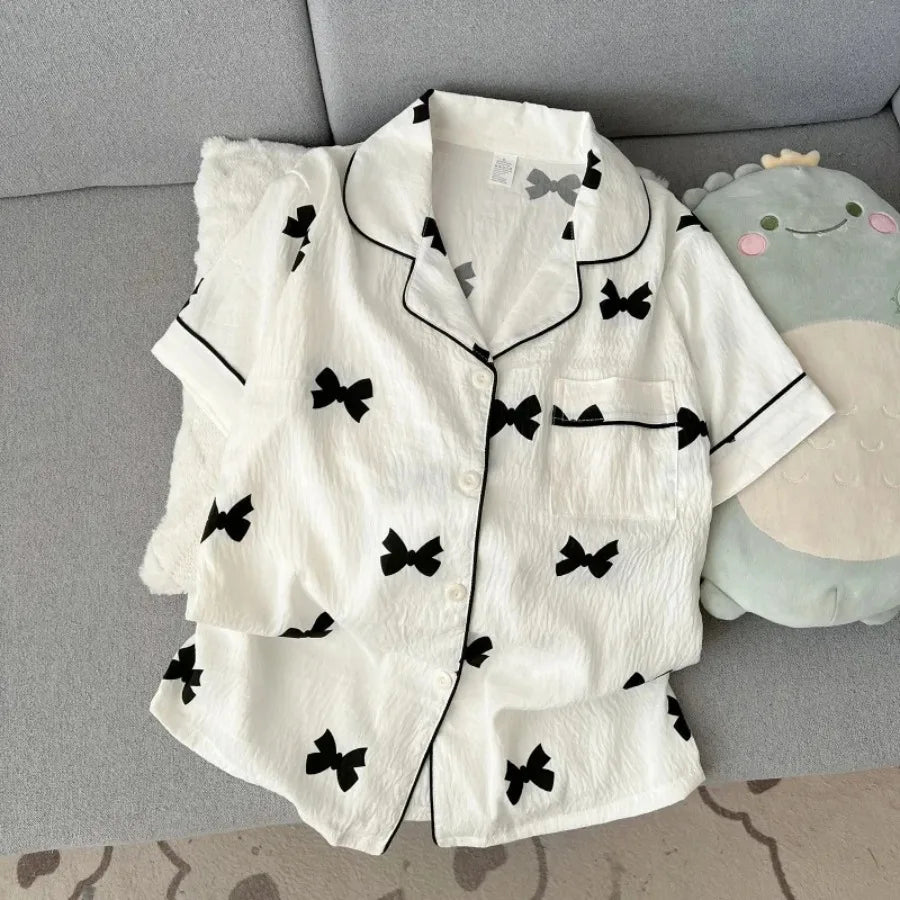 Women's Bow Print Button-Front Pajama Set, Sleeveless Lapel-Style Top and Matching Shorts, Soft Casual Summer Loungewear