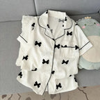 Women's Bow Print Button-Front Pajama Set, Sleeveless Lapel-Style Top and Matching Shorts, Soft Casual Summer Loungewear