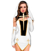 Theatrical Habit-Inspired Mini Dress with Striking Cross Embellishments and Coordinated Headpiece