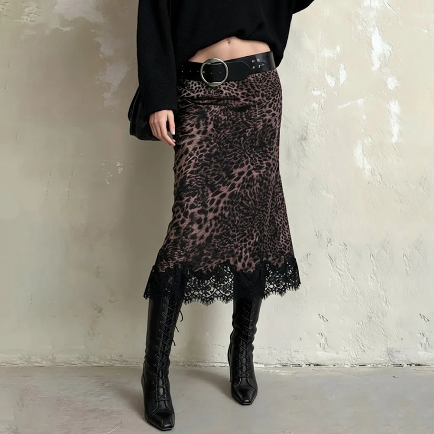 Low Rise Leopard Print Lace Trim Asymmetrical Midi Skirt