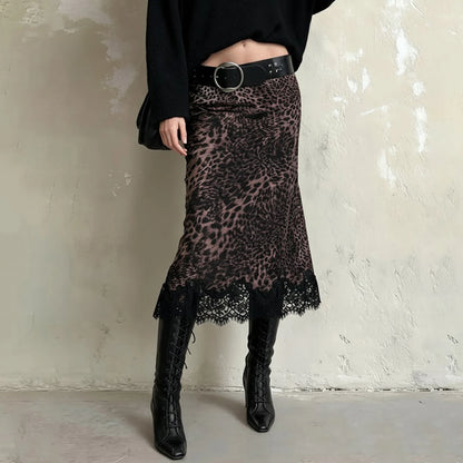Low Rise Leopard Print Lace Trim Asymmetrical Midi Skirt