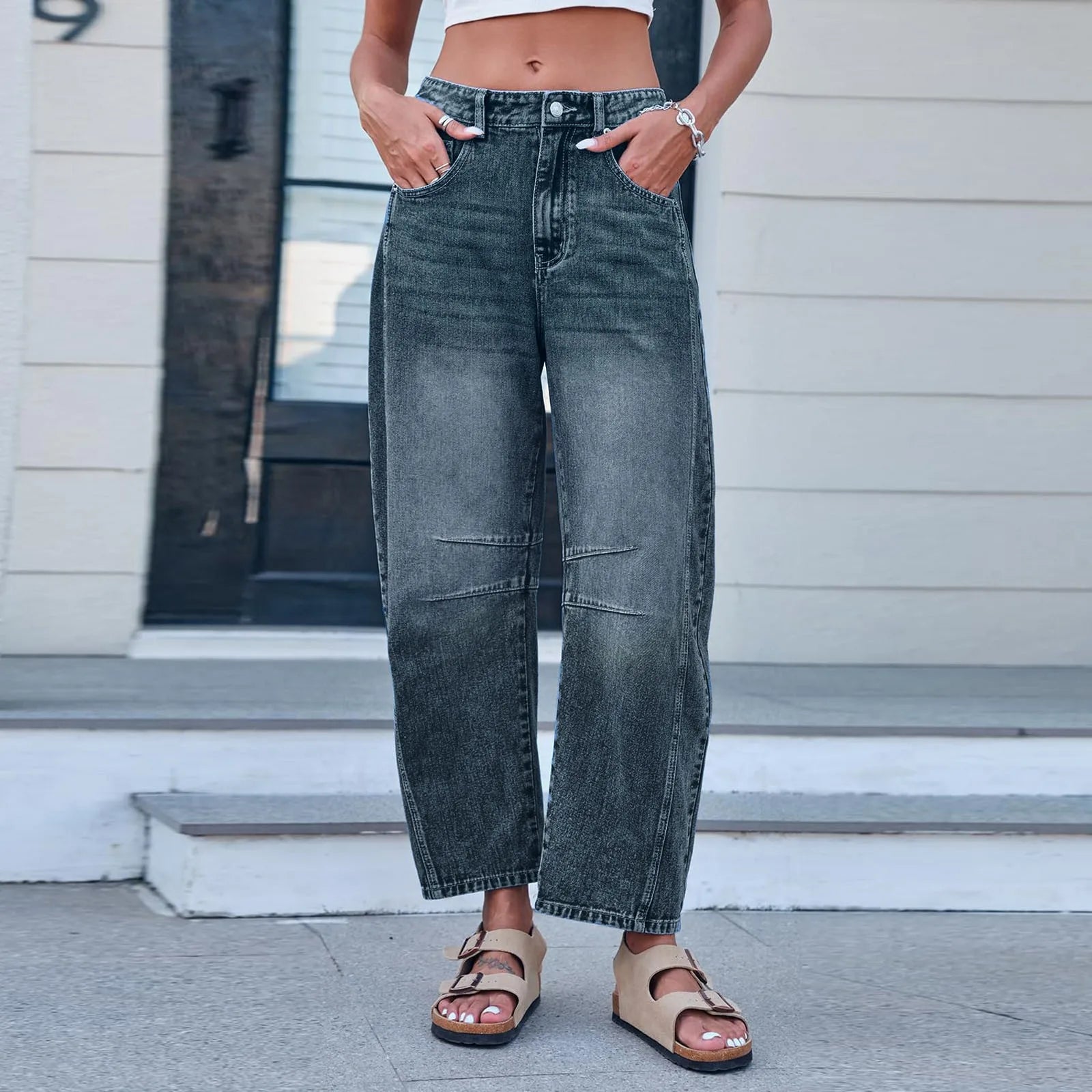 Women's Mid Rise Cropped Barrel Leg Stretch Denim Jeans with Relaxed Streetwear Fit