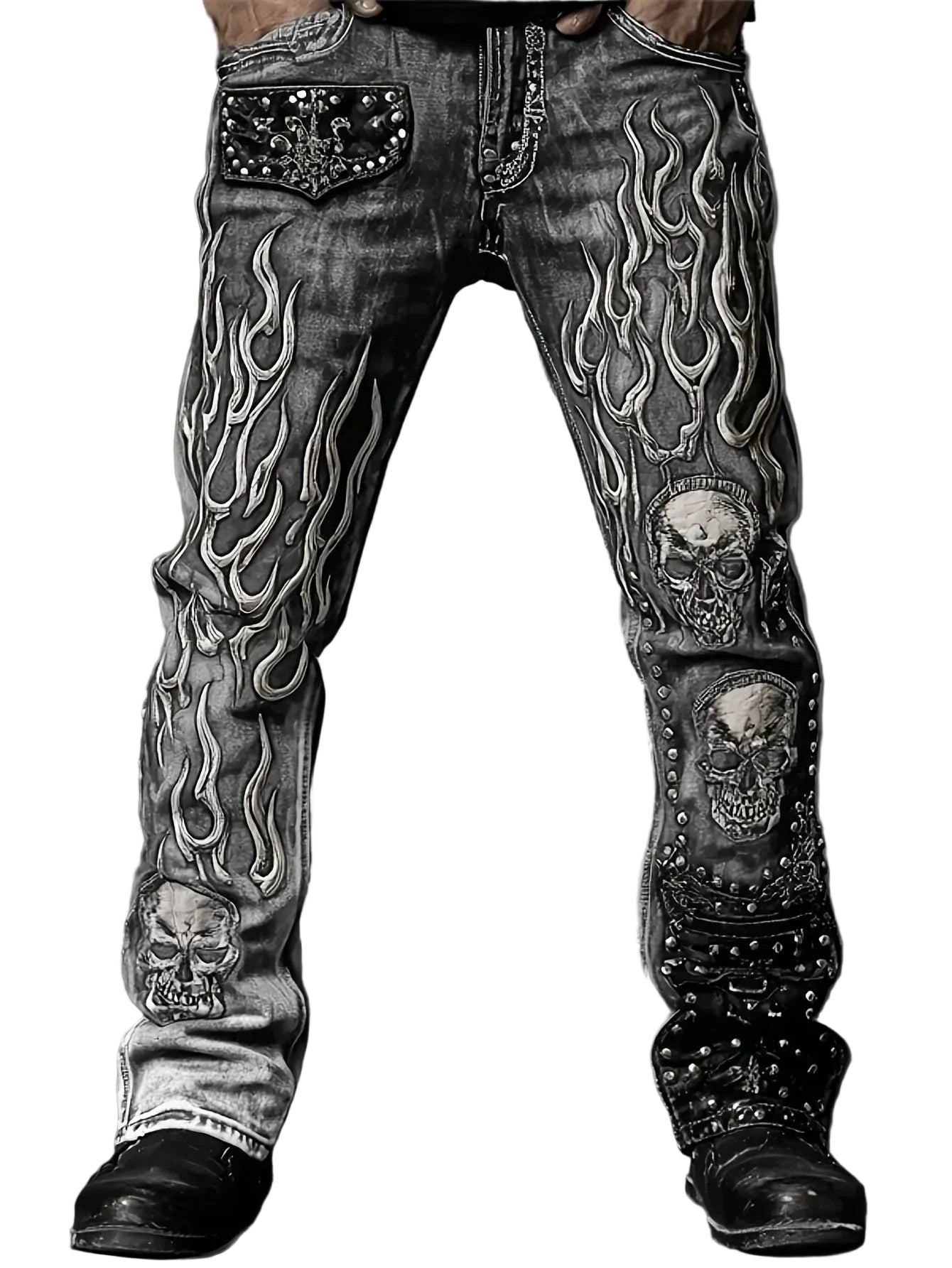 Men's Vintage Wash Loose Denim Jeans with Studded Graphic Detail High Street Fashion Style