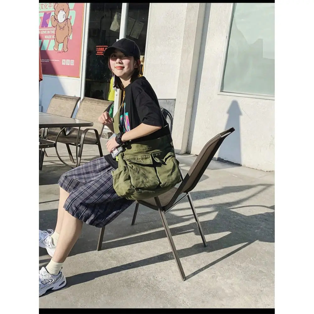 Utility Canvas Messenger Tote Bag with Oversized Crossbody Carry Design