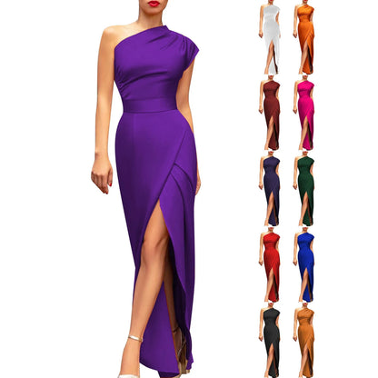 One Shoulder Bodycon Maxi Dress with Side Slit Evening Silhouette