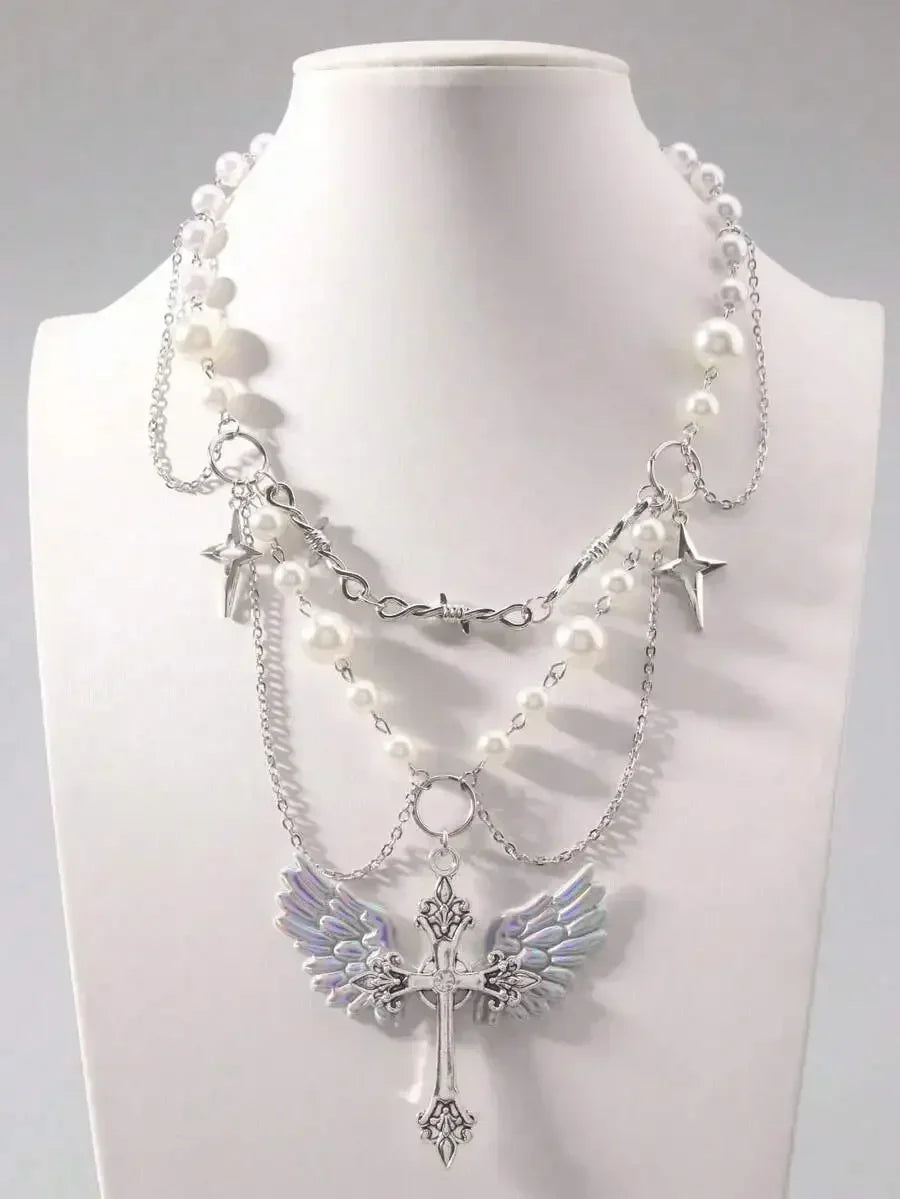 Layered Cross Pendant Necklace Set for Gothic Punk and Alternative Streetwear Fashion Styling