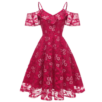 Floral Lace Overlay Cold Shoulder Alternative Fashion Mini Dress