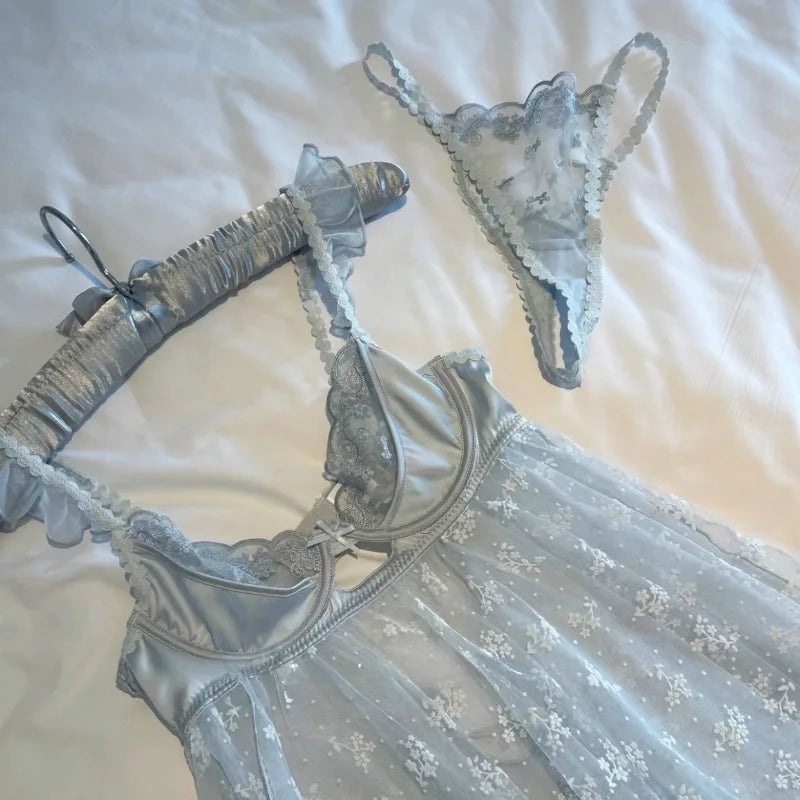 Icy Blue Sheer Floral Embroidered Babydoll Set with Ruffled Straps