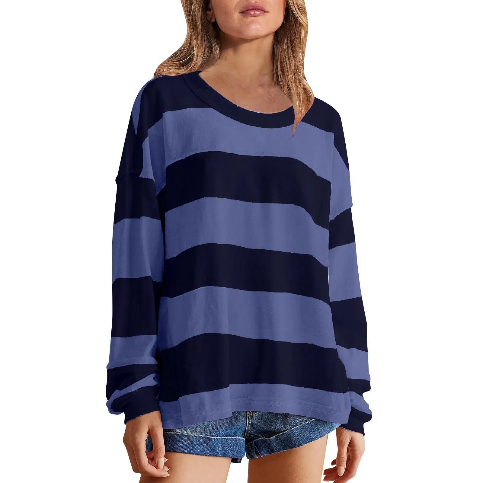 Women's Relaxed Striped Knit Pullover with Long Sleeves for Casual Everyday Streetwear Style