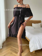 Dusty Mauve Cold-Shoulder Mesh Nightgown with Ruffled Slit Skirt