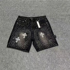 Men's Distressed Denim Shorts with Decorative Rhinestone Details and Modern Streetwear Style