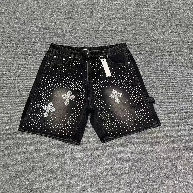 Men's Distressed Denim Shorts with Decorative Rhinestone Details and Modern Streetwear Style
