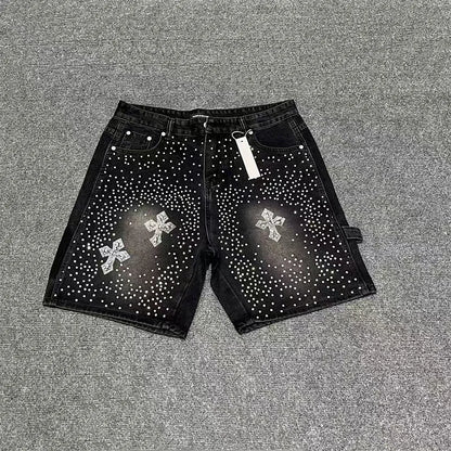 Men's Distressed Denim Shorts with Decorative Rhinestone Details and Modern Streetwear Style