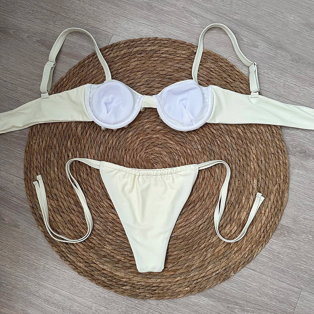 Cream Ruched Underwire-Style Bikini with Pearl-Inspired Embellishments and Tie-Side Bottoms