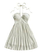Pleated Halter Tie Mini Dress with A-Line Vacation Inspired Summer Silhouette
