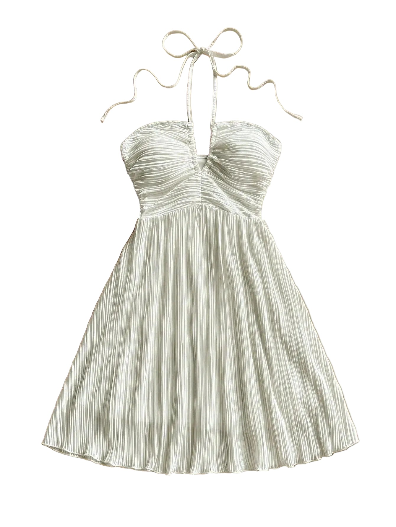 Pleated Halter Tie Mini Dress with A-Line Vacation Inspired Summer Silhouette