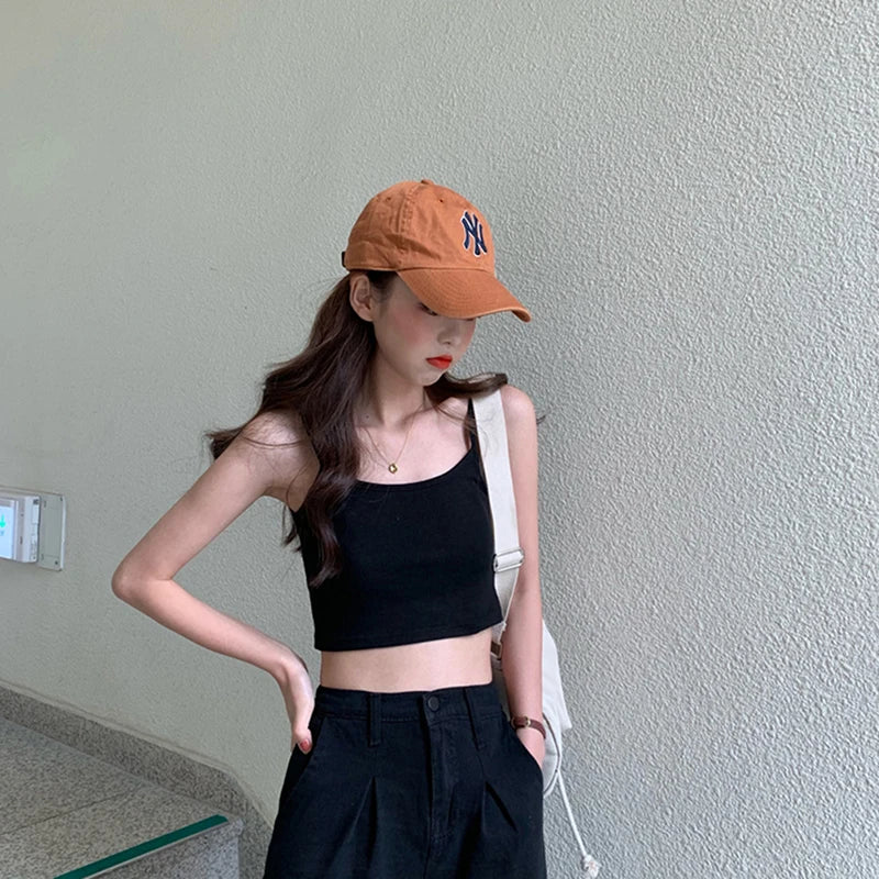 Square Neck Sleeveless Crop Top with Wide Straps Contemporary Streetwear Style