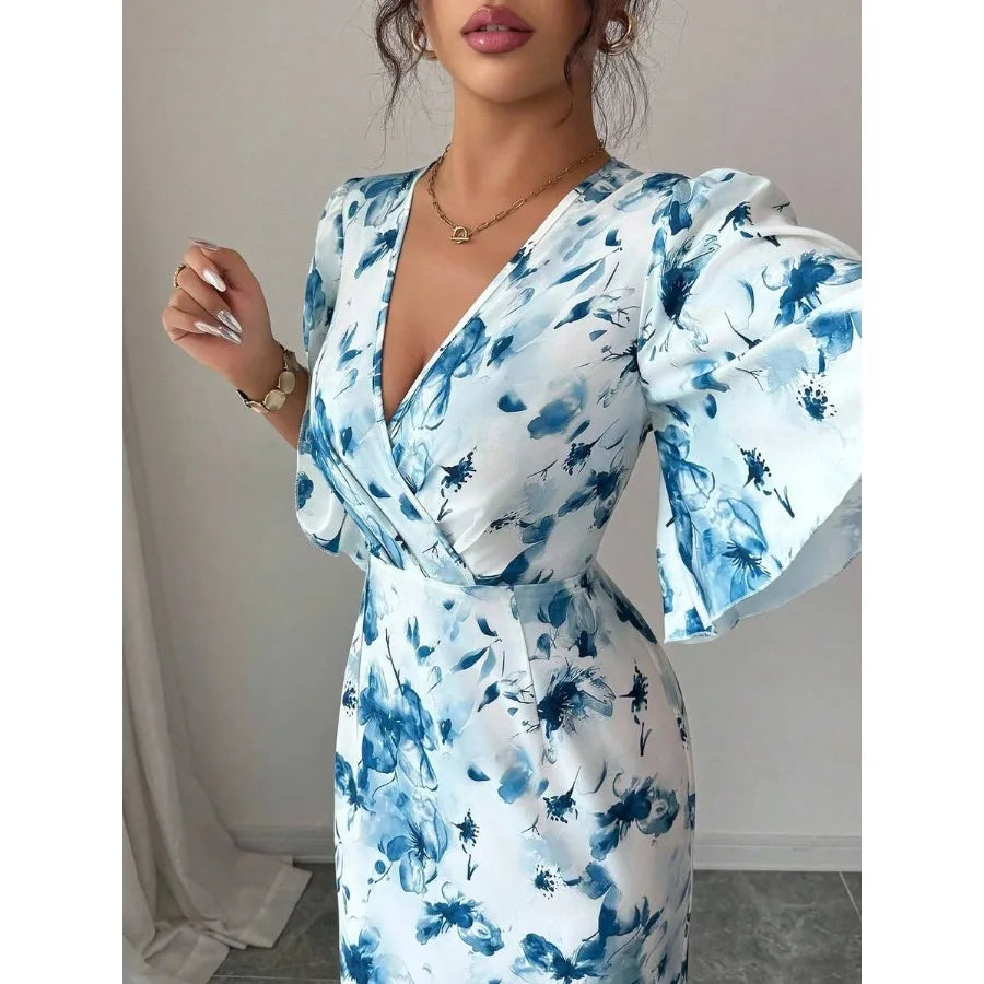 Floral Wrap Style Maxi Dress with Ruffle Hem and Flutter Sleeves