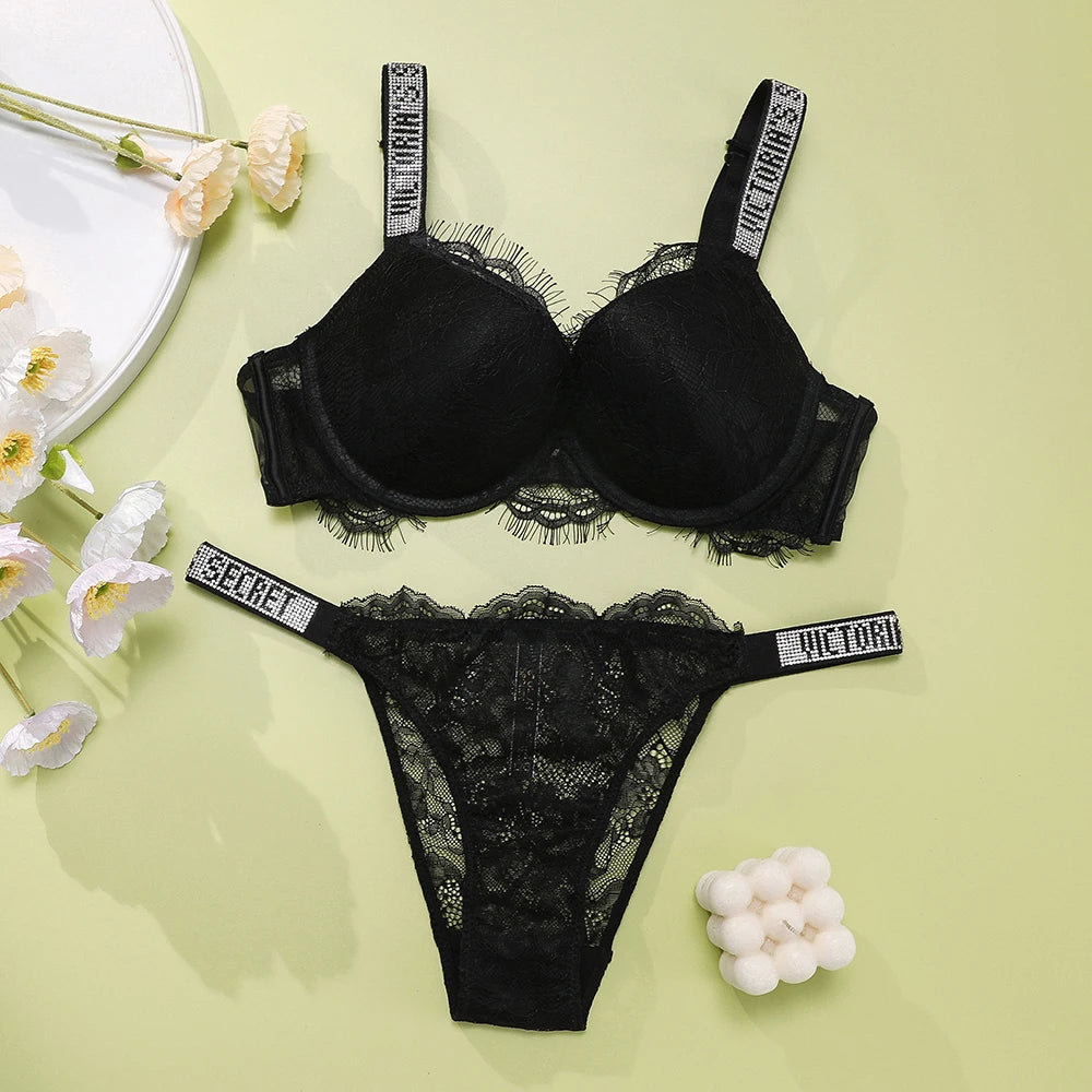 Romantic Textured Floral Lace Contour Bra Set with Sparkling Statement Straps
